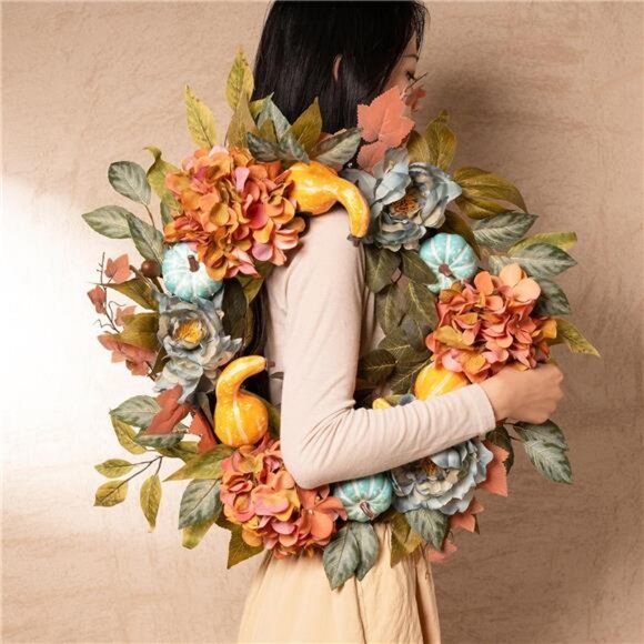 24" Pre-Lit Autumn Wreaths with Peony‎ Hydrangea and Pumpkin for Front Door - Picture 5 of 6